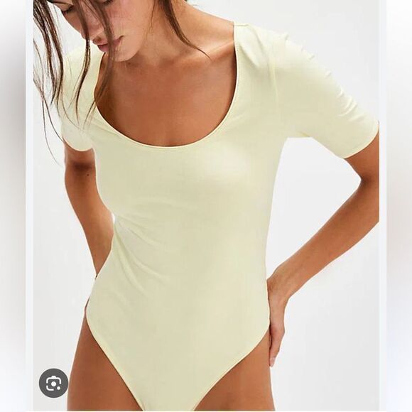 NWOT Free People High Noon Bodysuit Yellow Short Sleeves Scoop Neck S Cotton - Picture 1 of 15